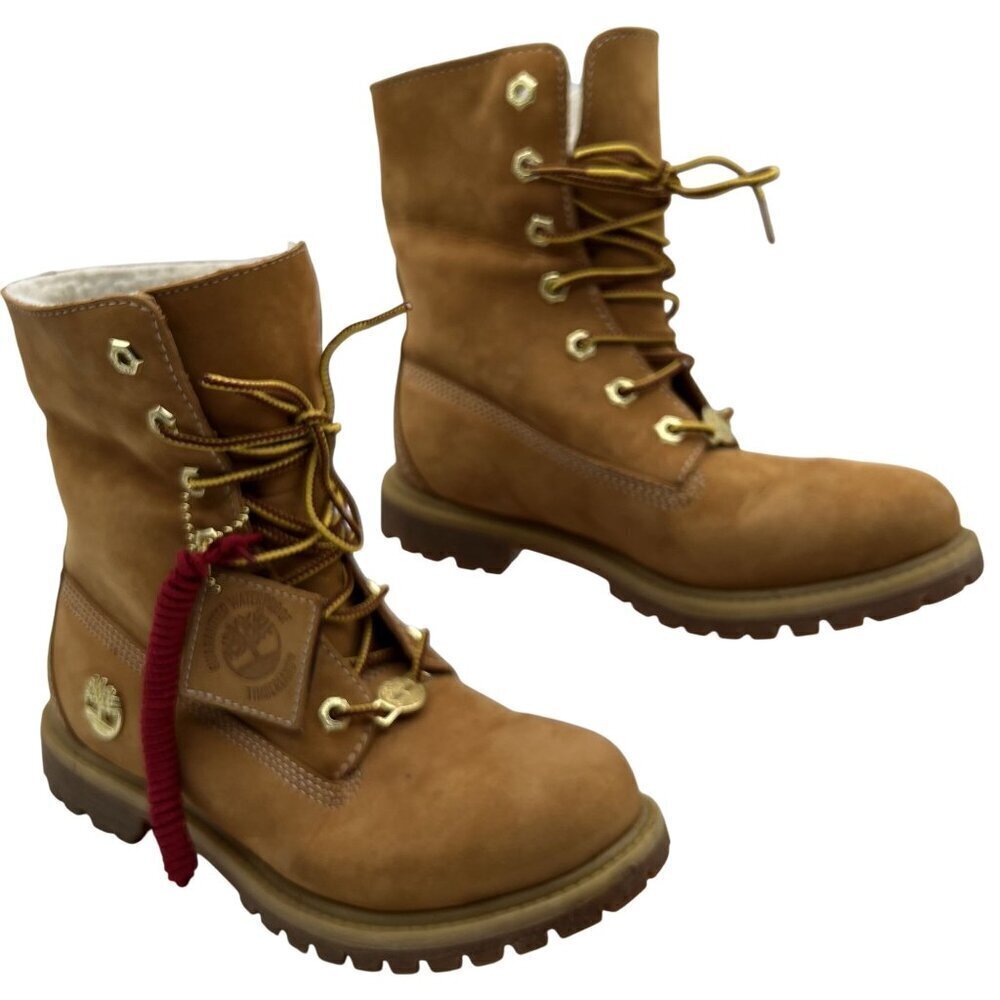 Timberland Womens 6.5W Teddy Fleece Fold-Down Wheat Waterproof Leather Boots